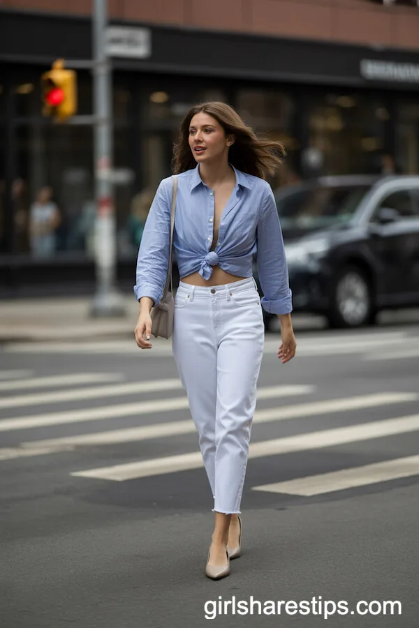 Blue Button-Up Shirt with White Cropped Jeans and Flats
