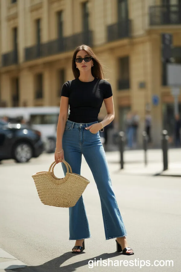 Fitted Black Tee with High-Waisted Blue Flared Jeans and Straw Tote