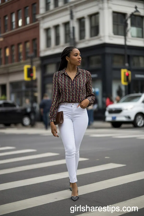 Bold Print Blouse with Sleek White Skinny Jeans and Flats