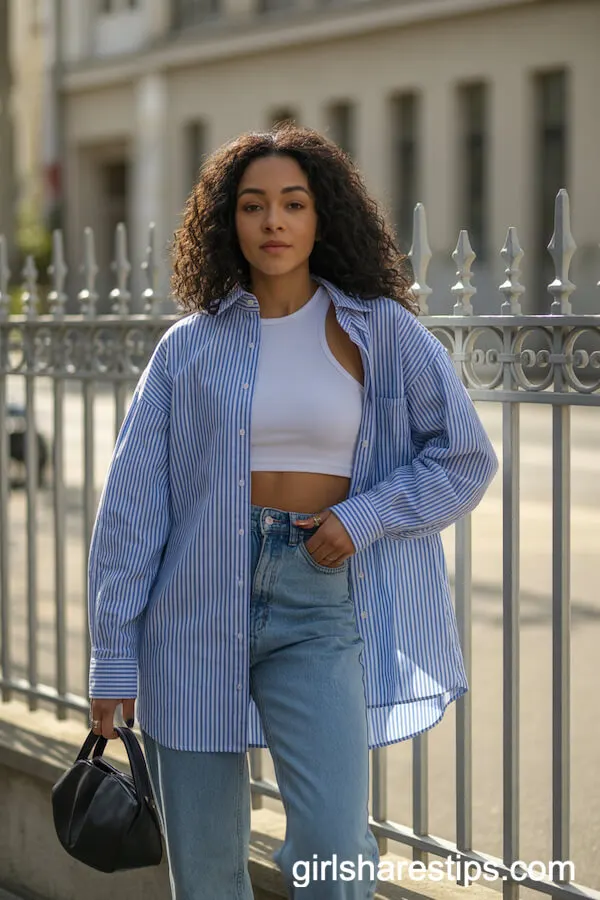 Oversized Striped Shirt Layered Over Crop Top and Straight-Leg Jeans