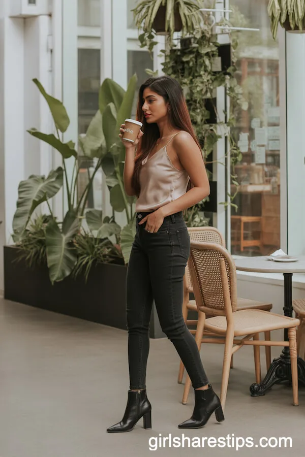 Satin Cami Paired with Black Skinny Jeans and Ankle Boots