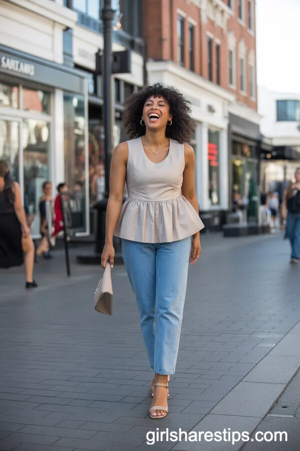 Peplum Blouse and Classic Blue Straight-Leg Jeans for a Playful Look