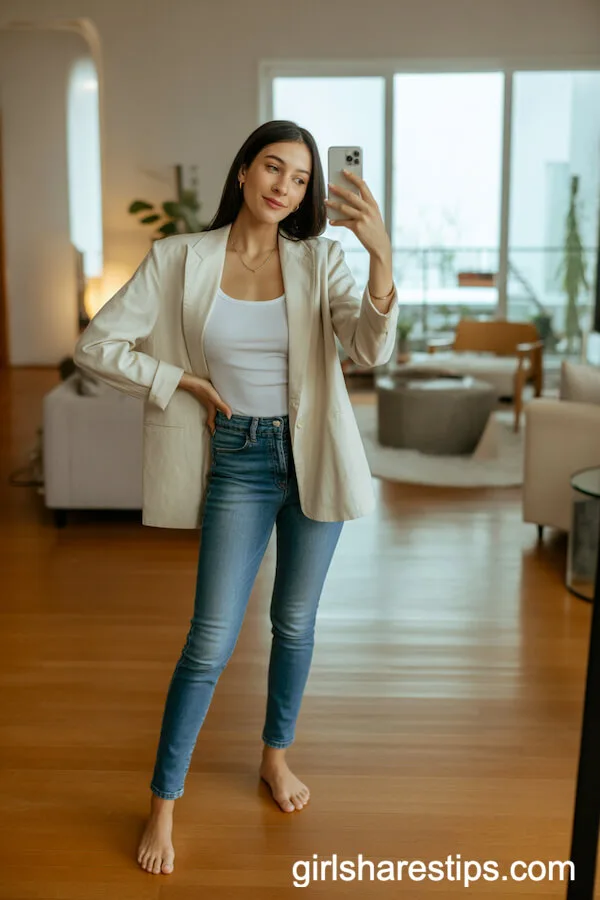 Light Summer Blazer with Skinny Jeans: Chic Mirror Selfie Inspiration