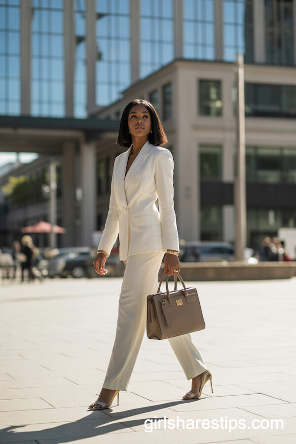 White Tailored Pantsuit with Heels and Gold Jewelry