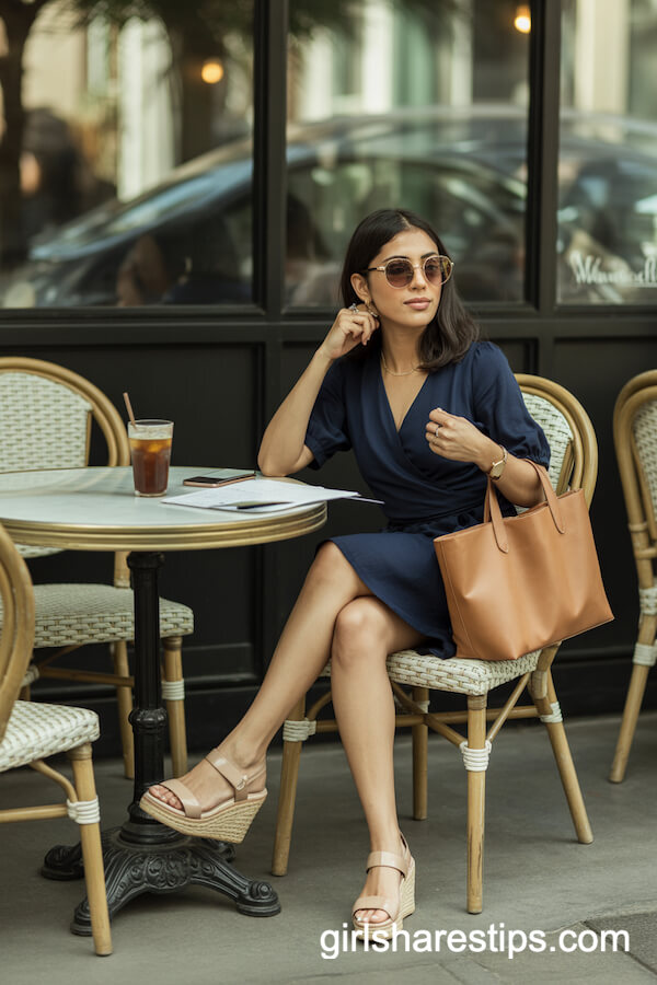 Navy Wrap Dress with Nude Wedge Sandals and Tan Tote