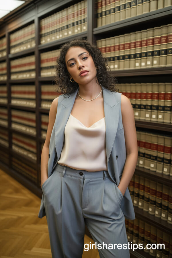 Light Gray Vest and Trousers with Cream Camisole