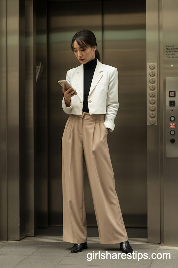 Beige Wide-Leg Pants with White Crop Blazer and Black Turtleneck