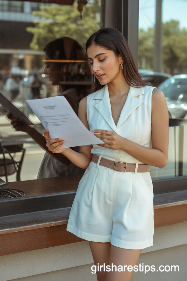 White Tailored Romper with Taupe Belt