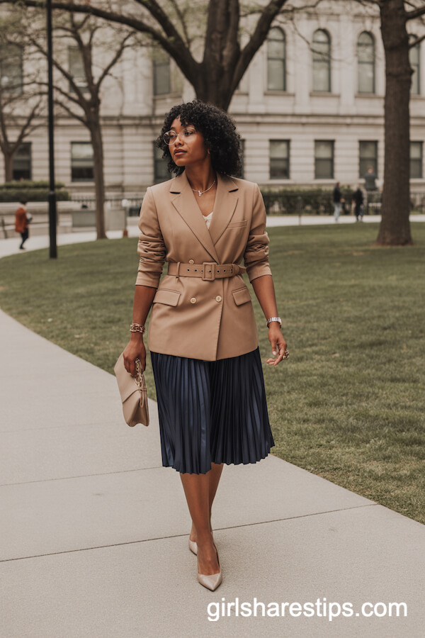 Belted Tan Blazer with Navy Pleated Skirt and Gold Accessories