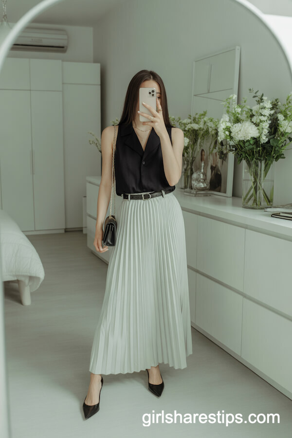 Black Sleeveless Belted Top with White Pleated Skirt