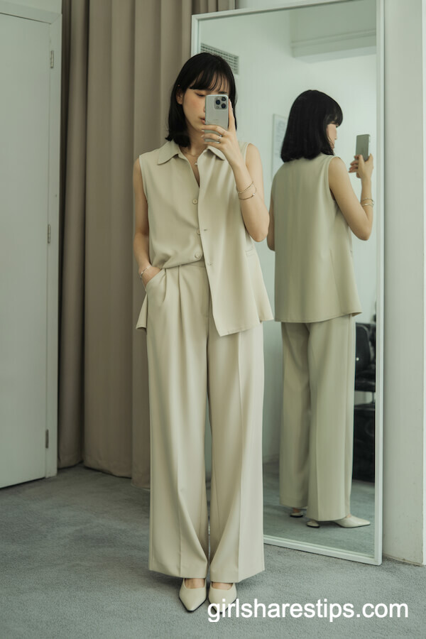 Cream Sleeveless Blouse with Wide-Leg Trousers
