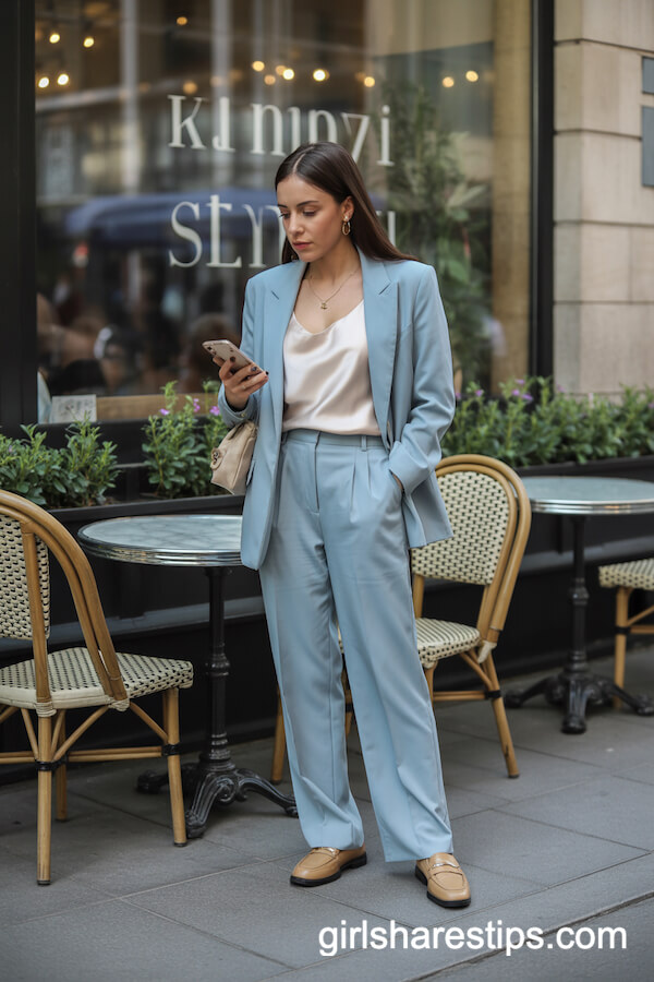 Pastel Blue Blazer and Trousers with White Camisole