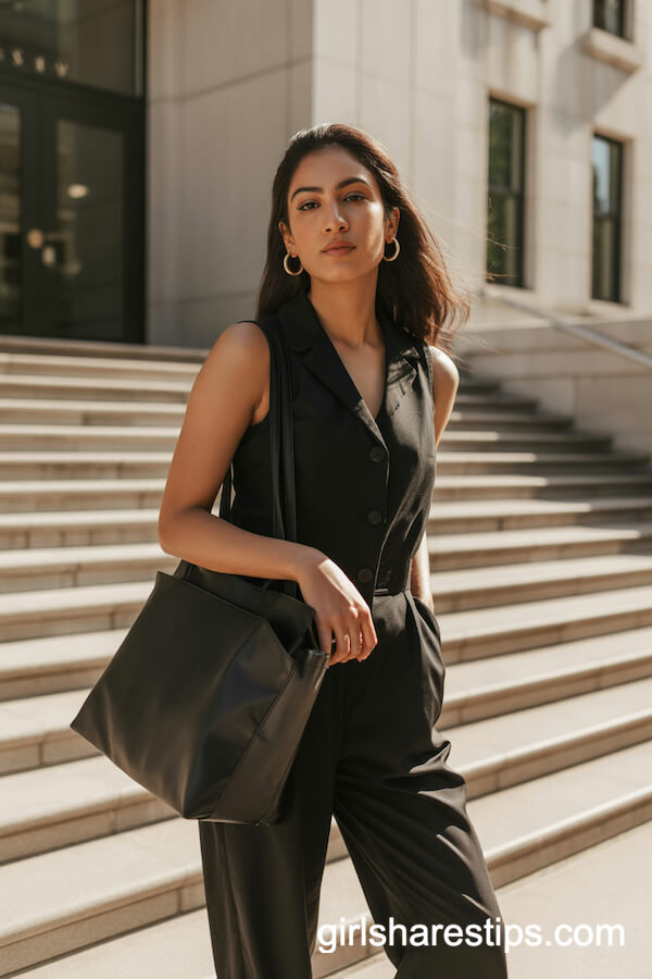 Black Sleeveless Jumpsuit with Structured Tote
