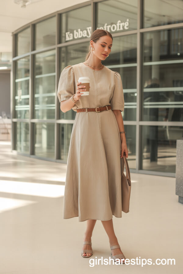 Beige Linen Midi Dress with Puff Sleeves and Brown Belt
