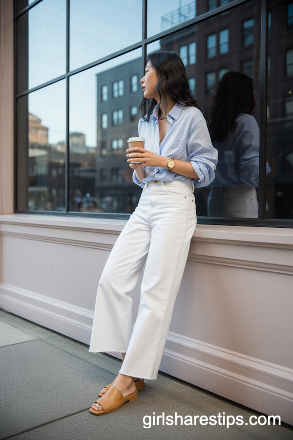 White Wide-Leg Jeans with Light Blue Button-Down Shirt