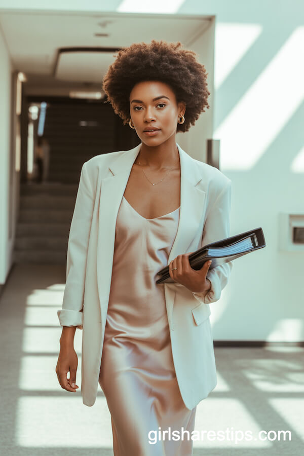 Pale Pink Slip Dress Layered with Oversized White Blazer