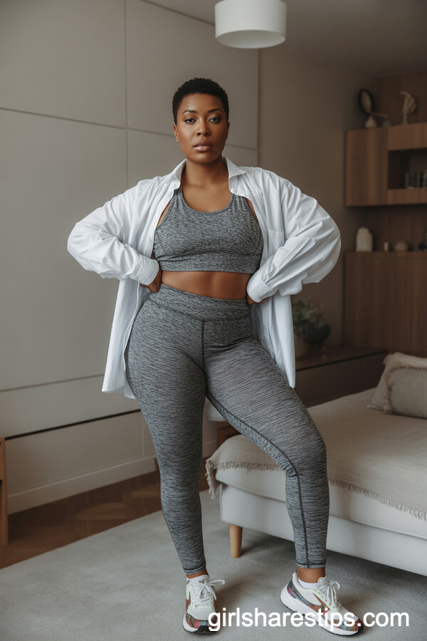 Heather Gray Sports Bra and Leggings Set with Oversized Button-Down