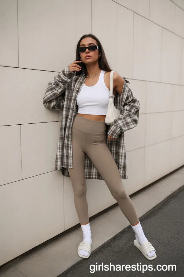 Beige Leggings with White Crop Tank and Plaid Overshirt
