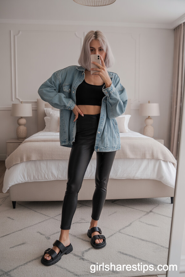 Black High-Waisted Leggings with Crop Top and Denim Jacket