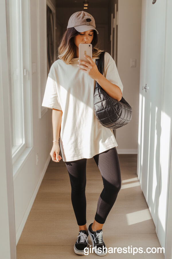 Black Leggings with Oversized White Tee and Vans Sneakers