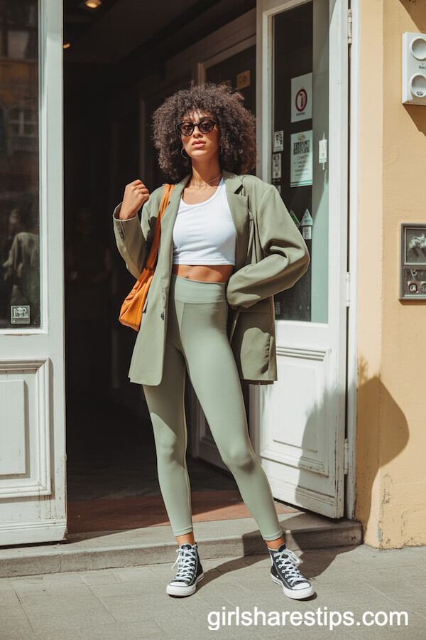 Sage Green Leggings with Oversized Blazer and White Crop Tank