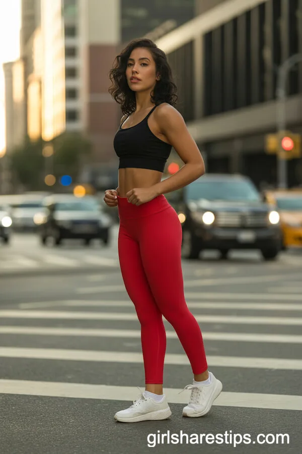 Bright Red Leggings with Black Sports Bra and White Sneakers