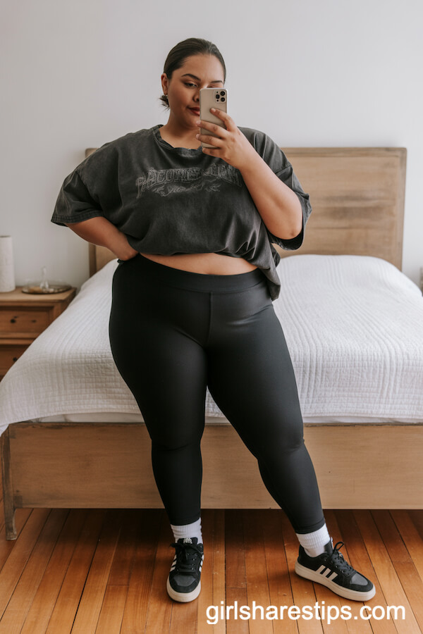 Black High-Waisted Leggings with Vintage Graphic Tee and Sneakers