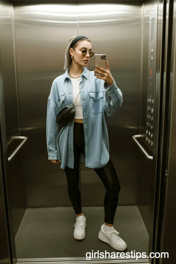 Black Leggings with Oversized Denim Shirt and White Tee