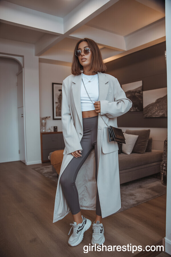 High-Waisted Dark Leggings with Gray Long Blazer and Chunky Sneakers