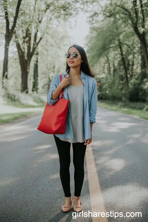 Black Leggings with Loose Chambray Shirt and Red Tote Bag