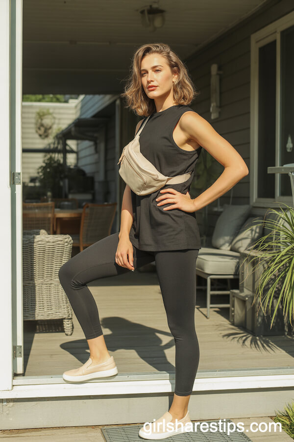 Black Leggings with Sleeveless Tank and Cream Fanny Pack