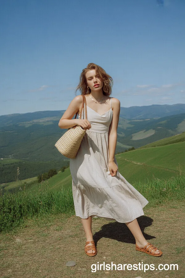Flowing White Linen Midi Dress with Brown Strappy Sandals