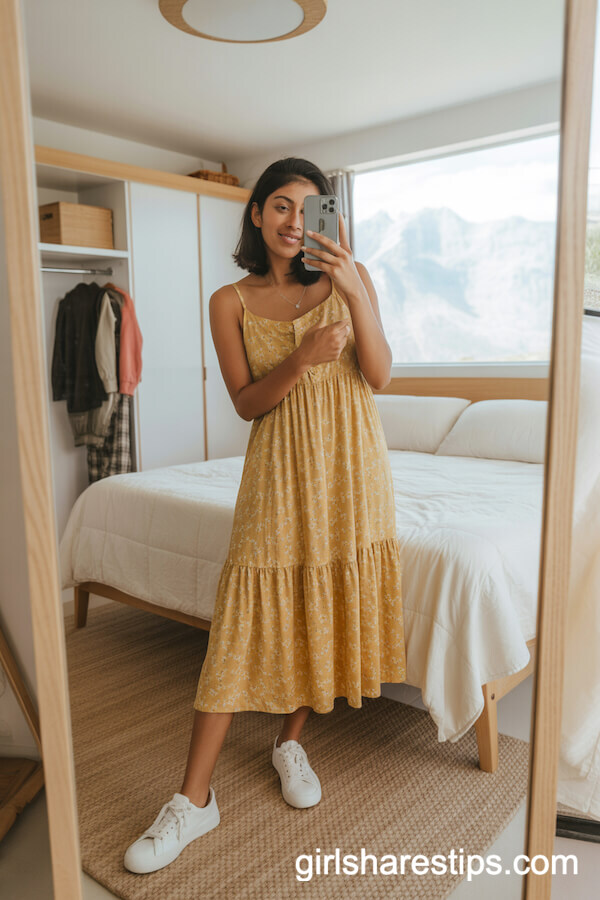 Yellow Floral Sundress with White Sneakers
