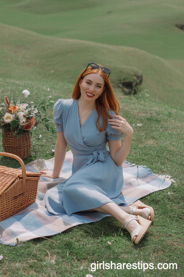 Light Blue Wrap Midi Dress with Espadrille Wedges and Sunglasses