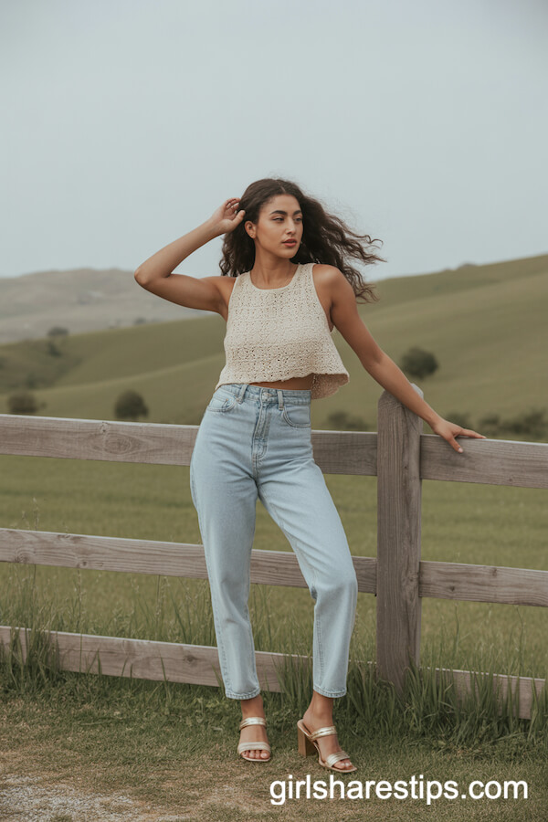Vintage Light Wash Jeans with Cream Crocheted Sleeveless Top and Heeled Sandals