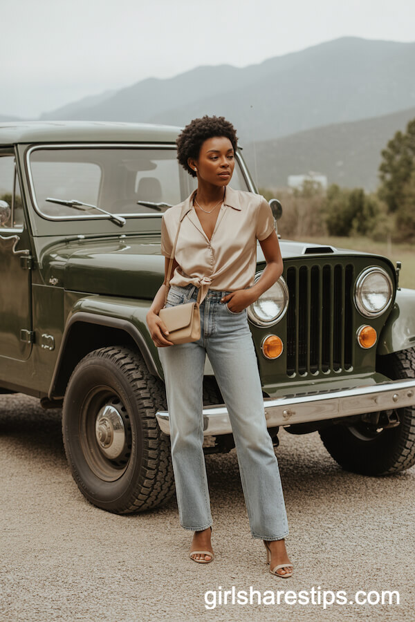 Champagne Silk Blouse with Straight-Leg Faded Jeans and Strappy Heels