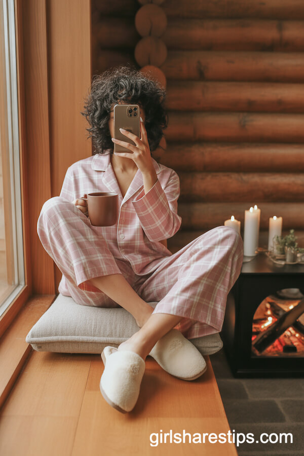 Stylish Pink Plaid Pajamas with Cream Slipper Mules