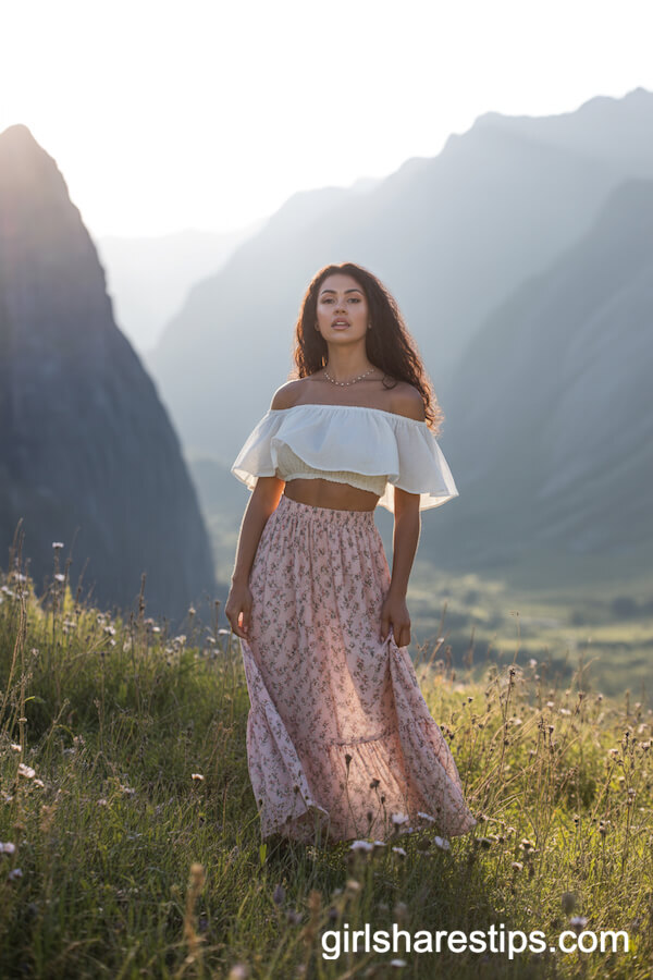 Flowy Off-the-Shoulder White Top with Pink Floral Maxi Skirt