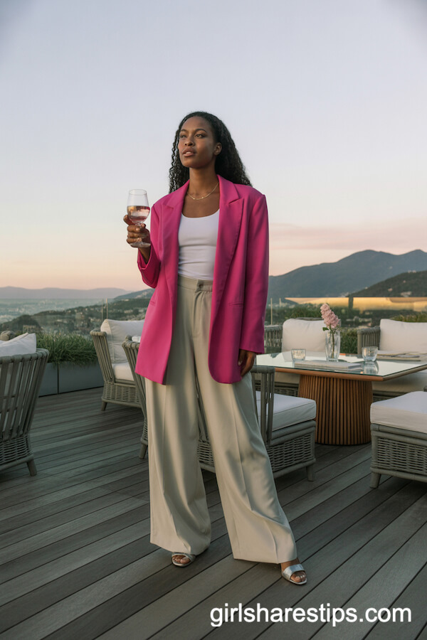 Fuchsia Statement Blazer with White Cami and Cream Wide-Leg Trousers