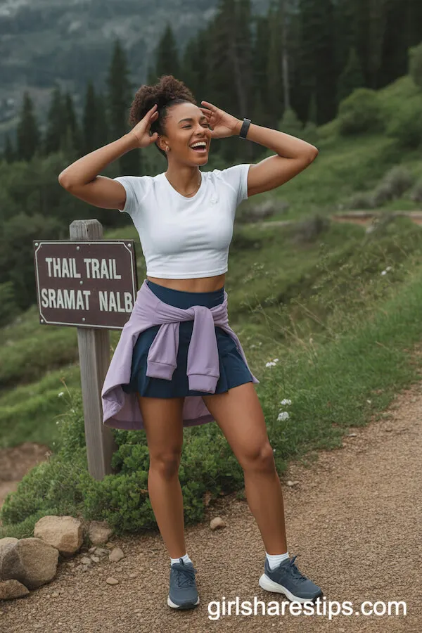 Navy Tennis Skirt, White Fitted Tee, Lilac Windbreaker