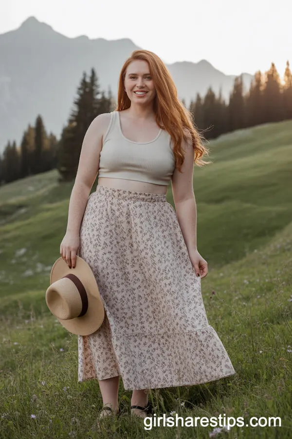 Floral Maxi Skirt with Fitted Ribbed Crop Top and Sunhat