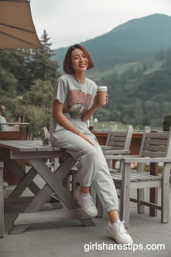 Light Gray Joggers and Bold Graphic Tee with Platform Sneakers