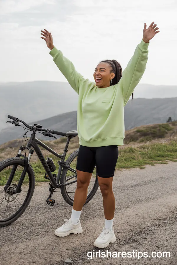 Black Bike Shorts with Oversized Neon Sweatshirt and Chunky White Sneakers
