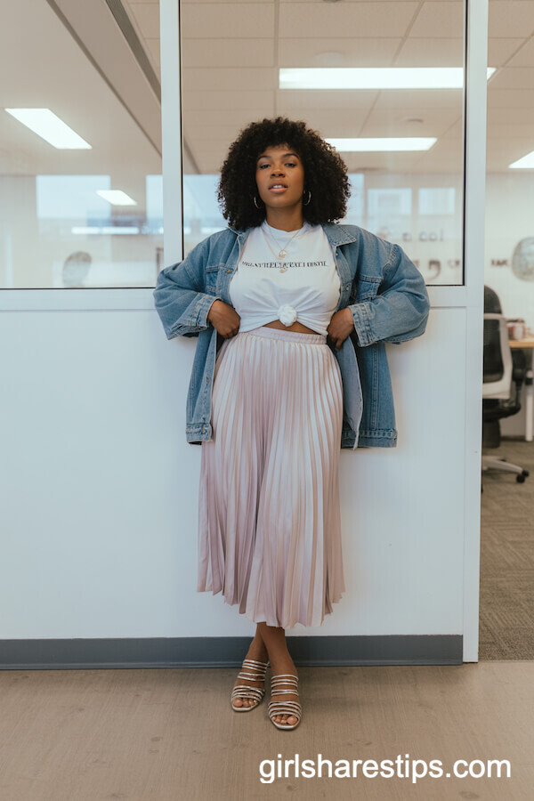 Pastel Pink Silk Pleated Midi Skirt with Graphic Tee