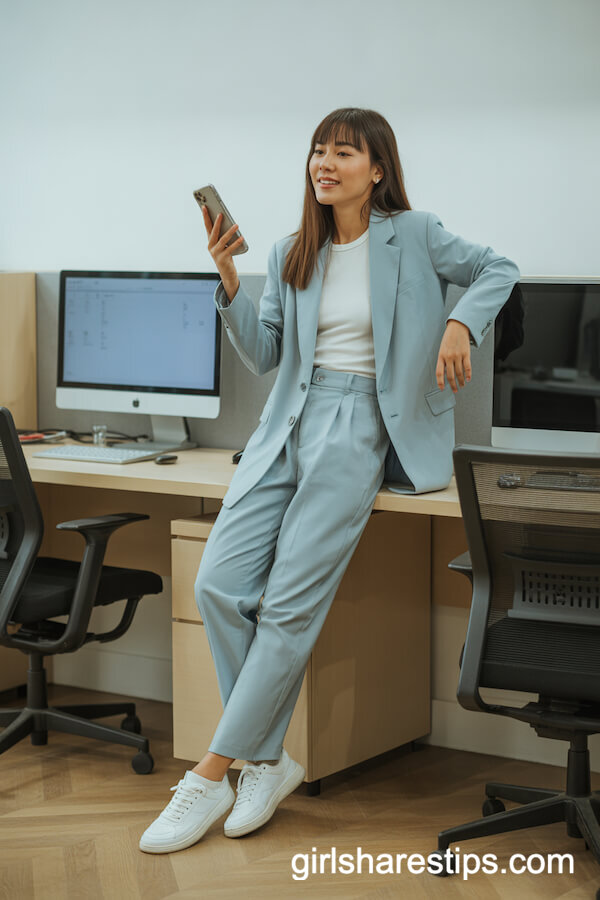 Pastel Blue Pantsuit with White Sneakers