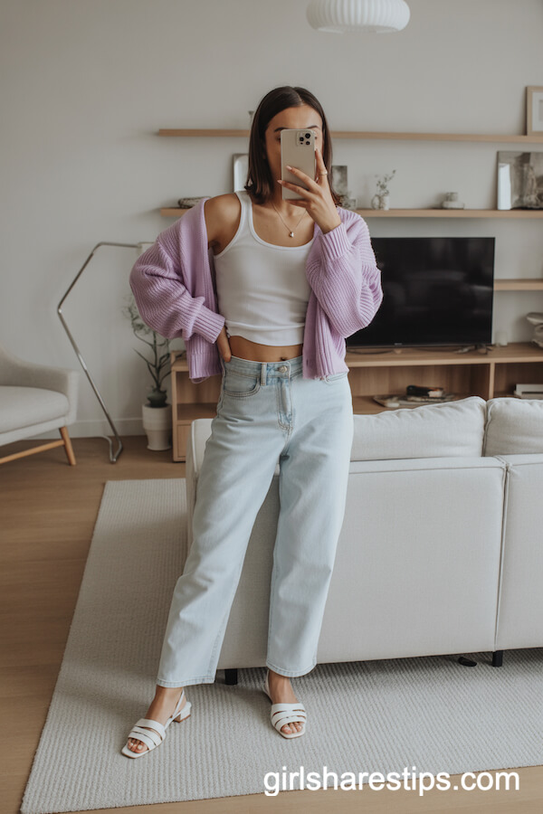 High-Waisted Light-Wash Jeans with Pastel Cardigan