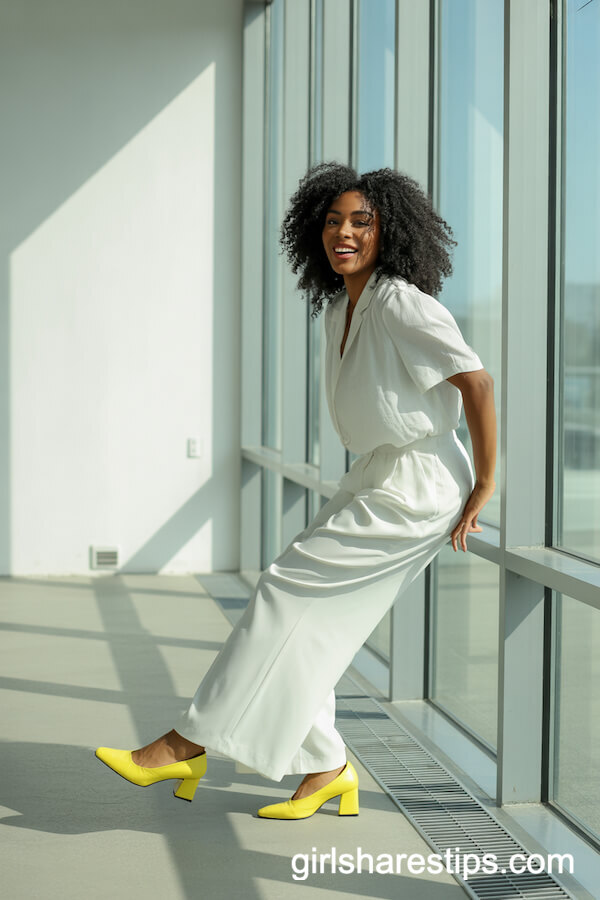 All-White Wide-Leg Pants with Yellow Heels