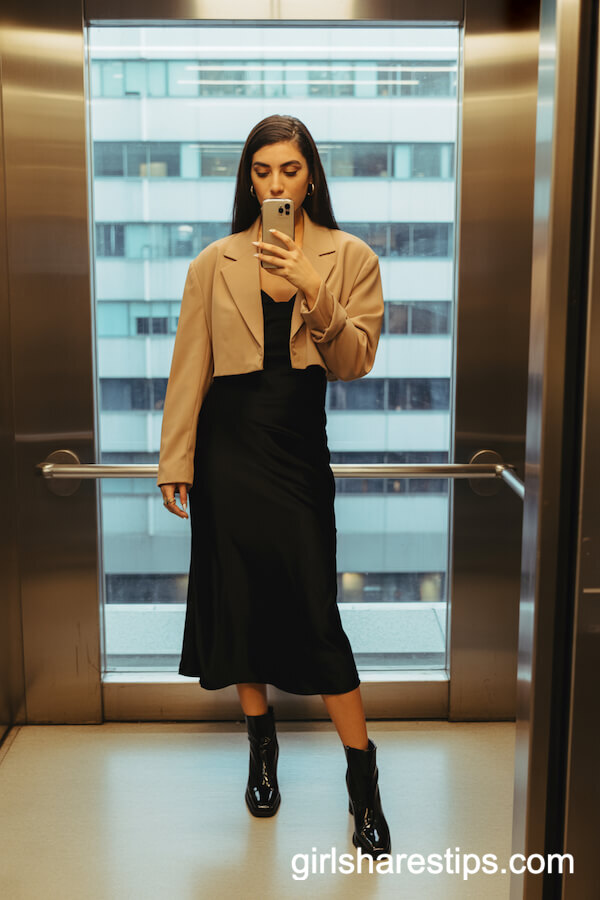 Black Midi Slip Dress with Cropped Blazer