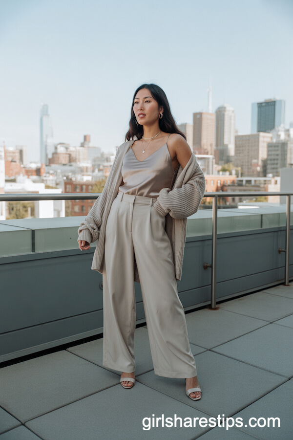 High-Waisted Beige Wide-Leg Trousers with Satin Camisole