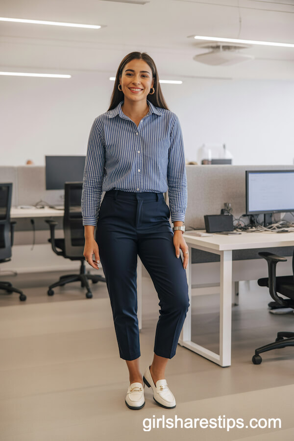 Blue-and-White Striped Shirt with Cropped Navy Pants
